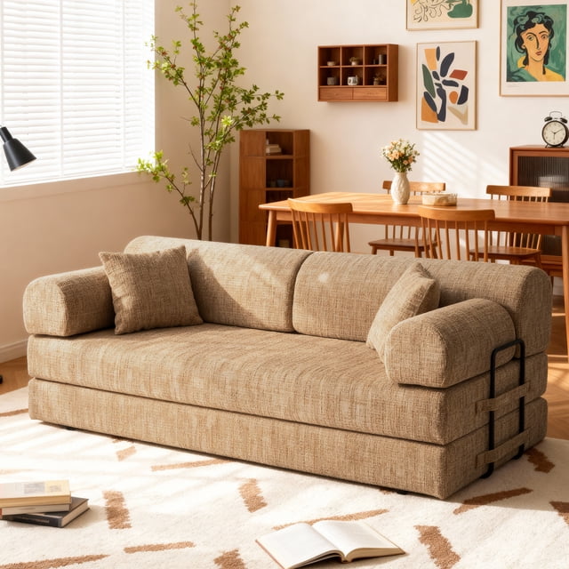 Leumius 78" Convertible Sleeper Sofa Bed,Folding Mattress Couch with Fixed-Shape Frame,Floor Sofa Lounge Couch for Living Room Bedroom,Ochre