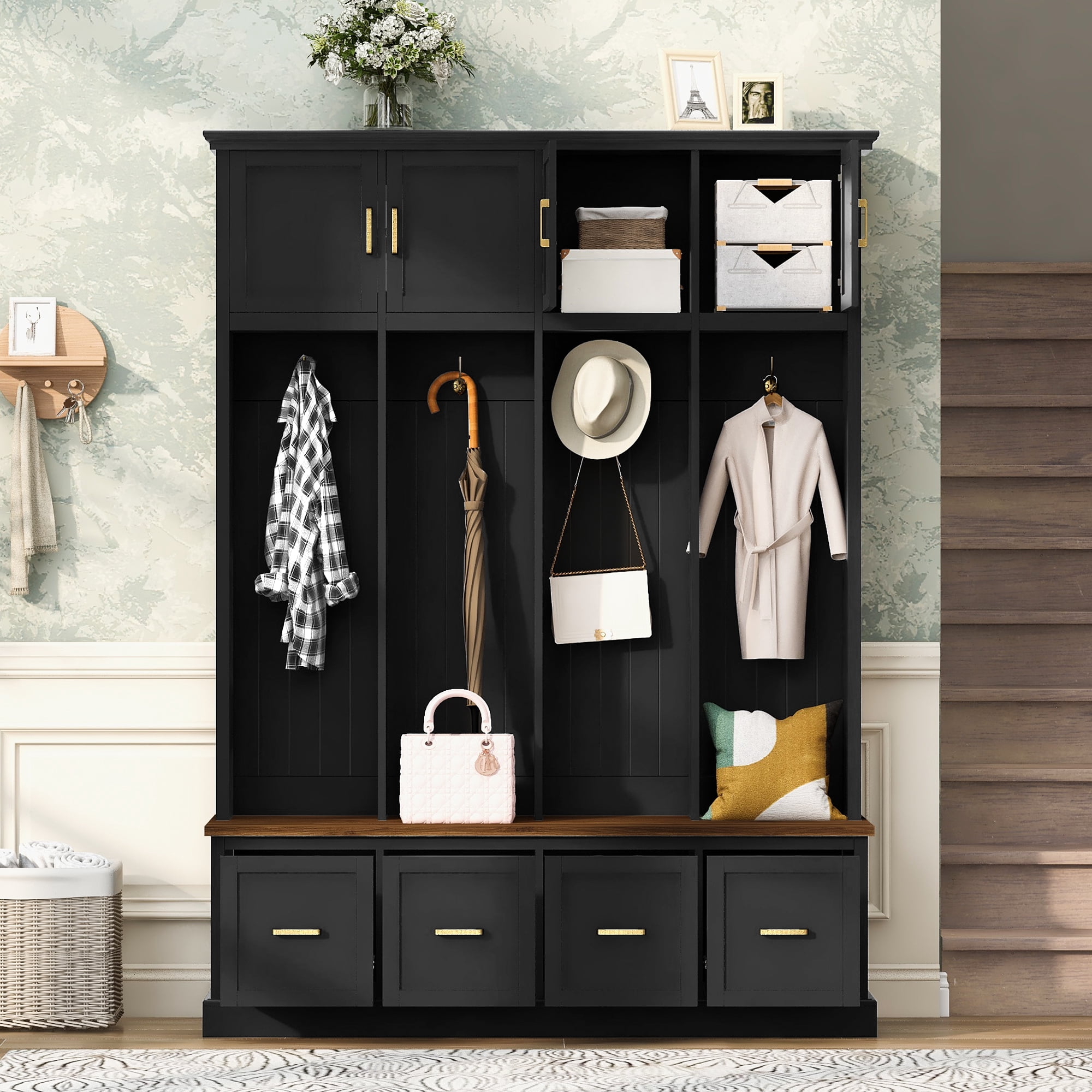 Leumius 78"H Farmhouse Hall Tree with 4 Coat Hooks,Cabinets & 4 Drawers, All-in-One Storage Organizer Entryway Coat Rack for Hallway, Living Room, Black