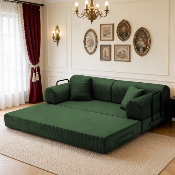 Leumius 79" Convertible Futon Sofa Bed, Boneless Couch for Living Room, Corduroy Folding Mattress Couch with Fixed-Shape Frame, Floor Sofa Lounge Couch with 2 Pillows, No Assembly,Dark Green