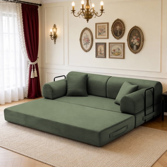 Leumius 79" Convertible Futon Sofa Bed, Boneless Couch for Living Room, Corduroy Folding Mattress Couch with Fixed-Shape Frame, Floor Sofa Lounge Couch with 2 Pillows, No Assembly,Grayish Green