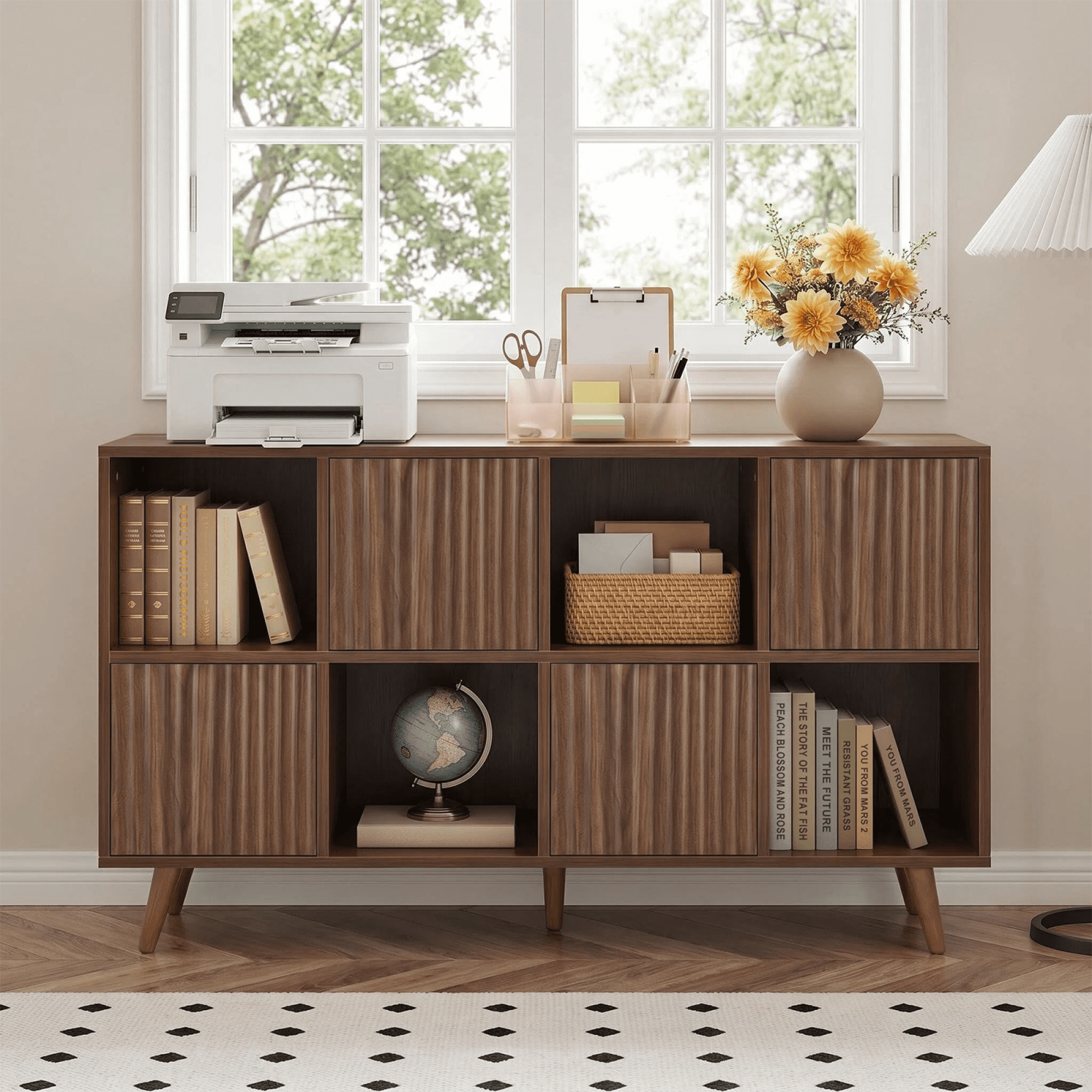 Leumius 8 Cube Bookcase Storage Cabinet with 4 Doors, Freestanding Cube Shelf Organizer for Living Room Bedroom Office Walnut