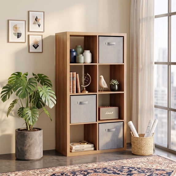 Leumius 8-Cube Open Back Storage Organizer, 2x4 Bookcase Shelving Unit for Home and Office, Walnut