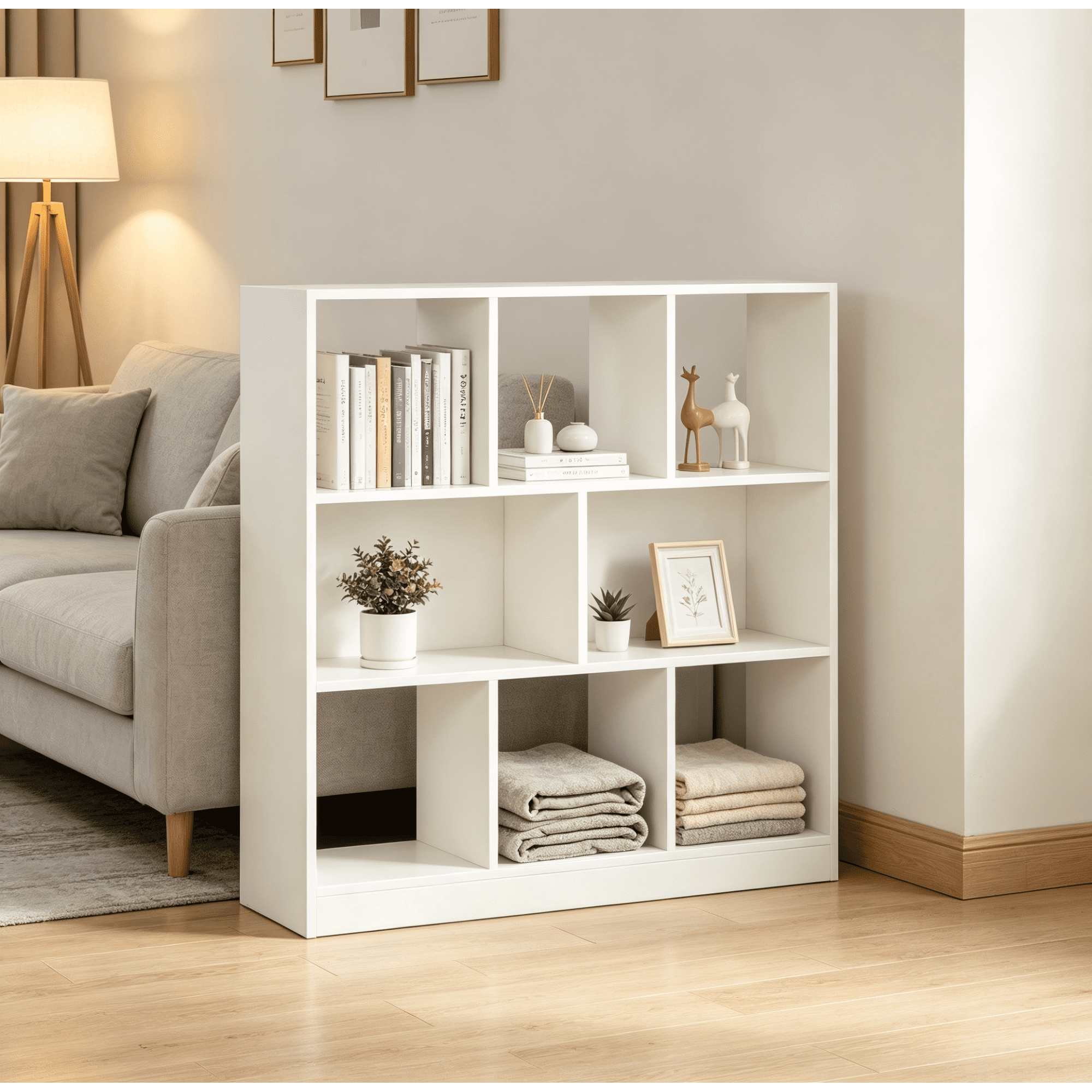 Leumius 8 Cube Storage Organizer,3-Tier Bookshelf,Open Corner Bookshelf for Living Room Bedroom Office,White