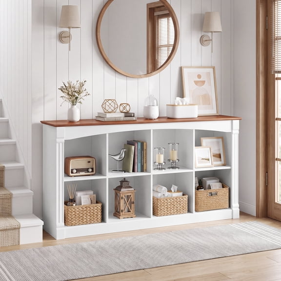 Leumius 8-Cube Storage Organizer, Two-Tone Wood 2-Tier Cube Bookcase with Decorative Moldings, Horizontal Open Cubby Display Shelf Unit, Low Bookshelf Console Table for Living Room, Bedroom, Office