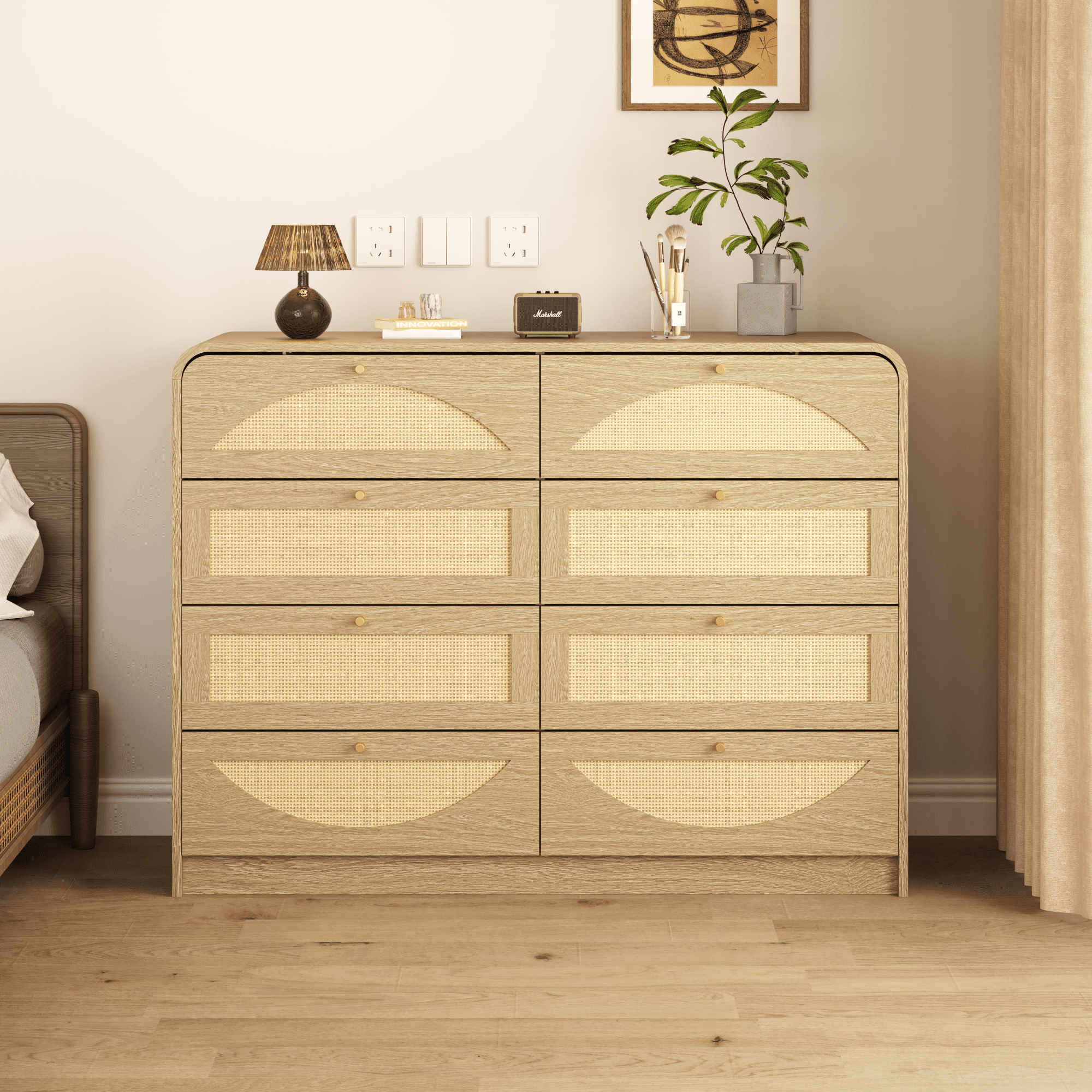 Leumius 8‑Drawer Dresser with Rattan Front, Wide Particle Board Chest of Drawers, Modern Wooden Storage Cabinet for Bedroom Living Room Natural