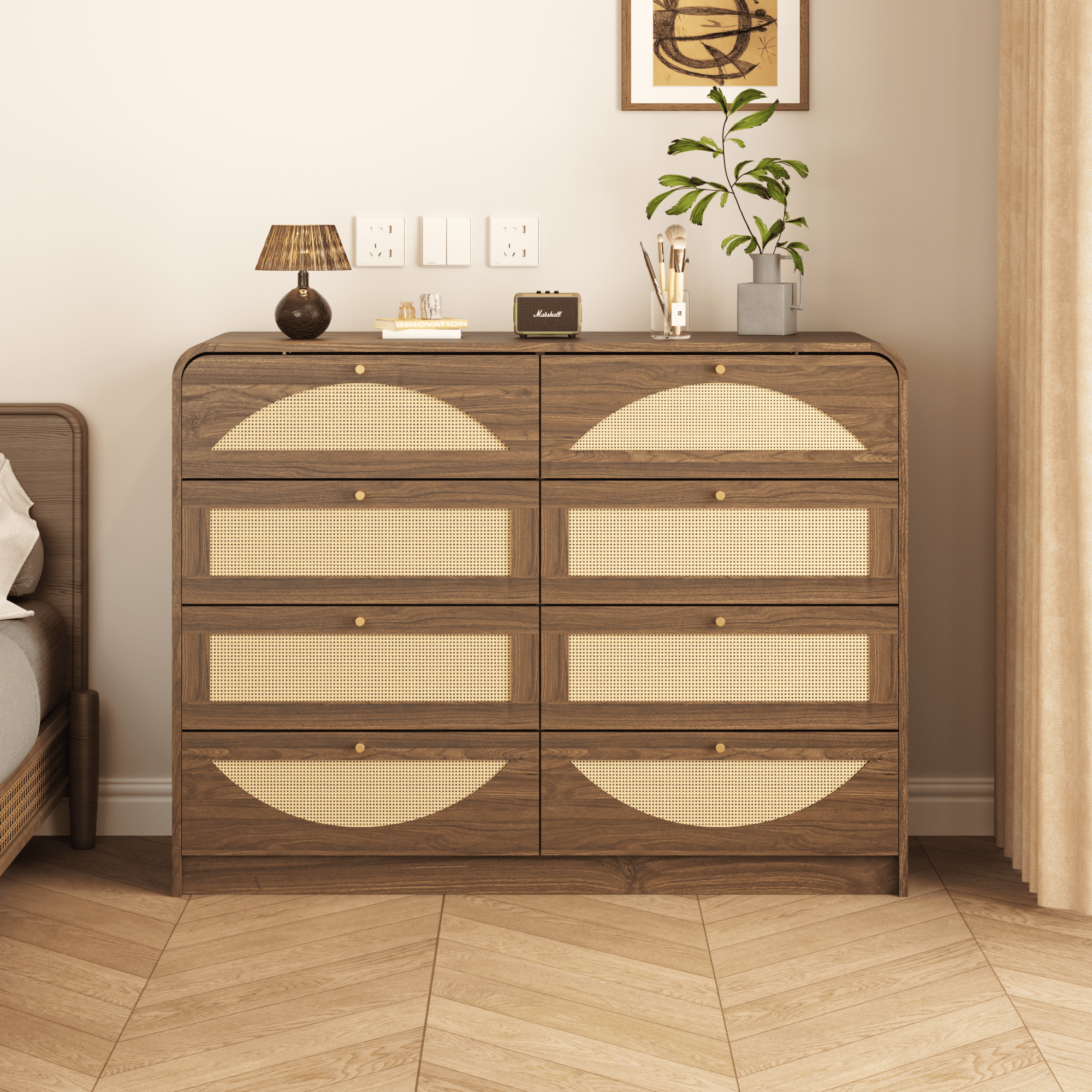 Leumius 8‑Drawer Dresser with Rattan Front, Wide Particle Board Chest of Drawers, Modern Wooden Storage Cabinet for Bedroom Living Room Walnut