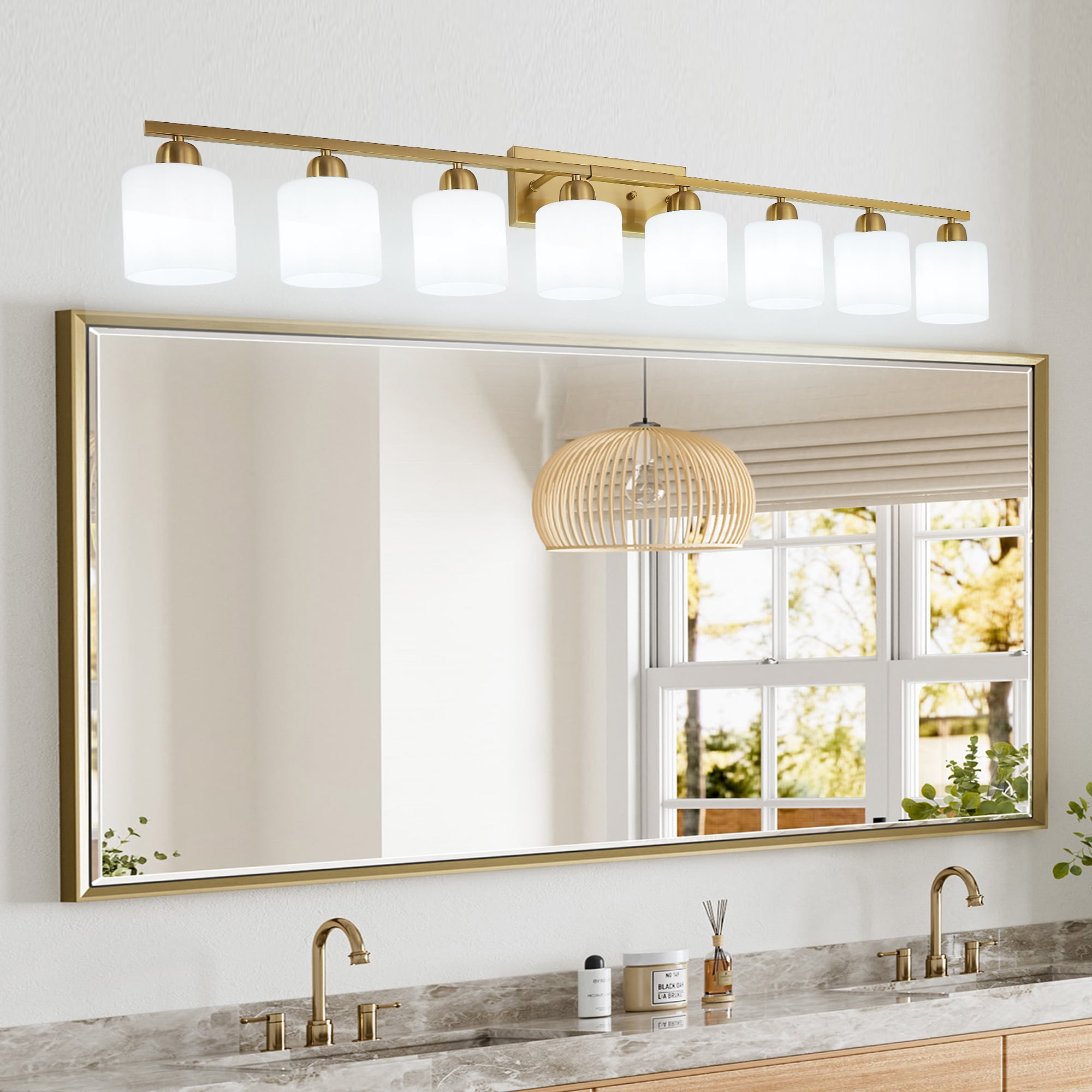 Leumius 8-Light Bathroom Vanity Light Fixture, Modern Vanity Light Over Mirror, Wall Sconces with Milky White Frosted Glass Shades for Mirror, Bathroom, Bedroom and Hallway Gold (No Bulbs)