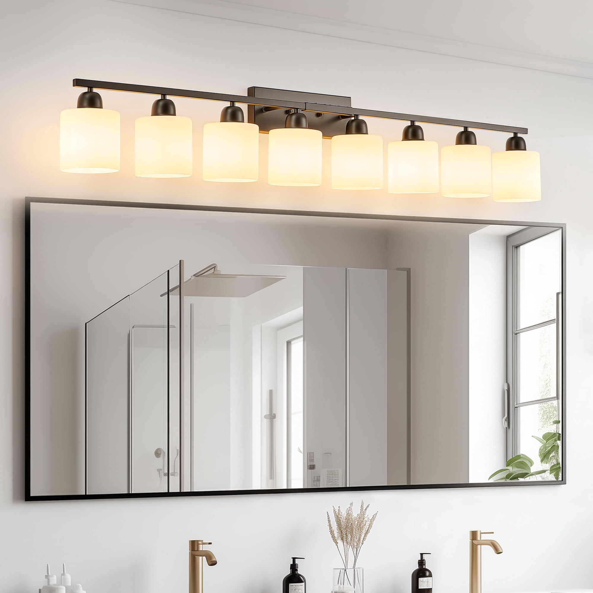 Leumius 8-Light Bathroom Vanity Light Fixture, Modern Vanity Light Over Mirror, Wall Sconces with Milky White Frosted Glass Shades for Mirror, Bathroom, Bedroom and Hallway Black (No Bulbs)