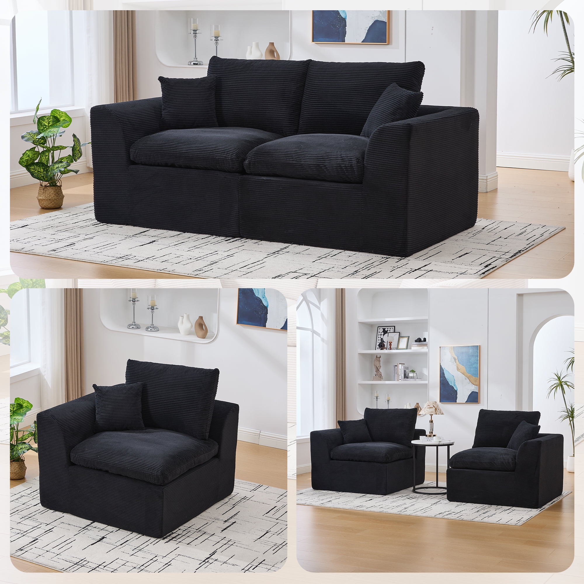 Leumius 80" Cloud Couch,Modern 2 Seater Sofa with Pillow,Upholstered Corduroy Fabric Modern Loveseat for Living Room Bedroom Apartments Dorms,No Assembly Required,Black