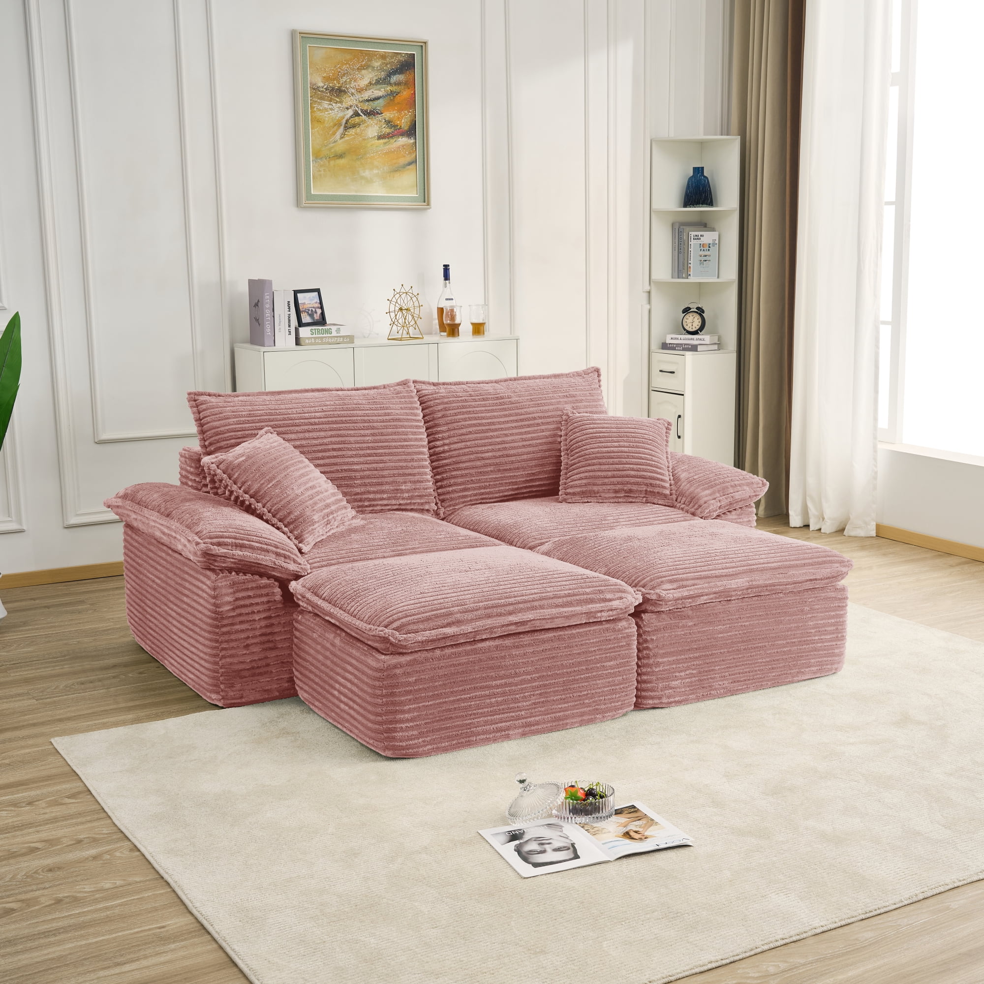 Leumius 81" Convertible Sectional Sofa, Oversized Corduroy Cloud Couch with 2 Movable Ottoman, Comfy Boneless Couch Bed for Living Room Apartment Office, No Assembly,Pink
