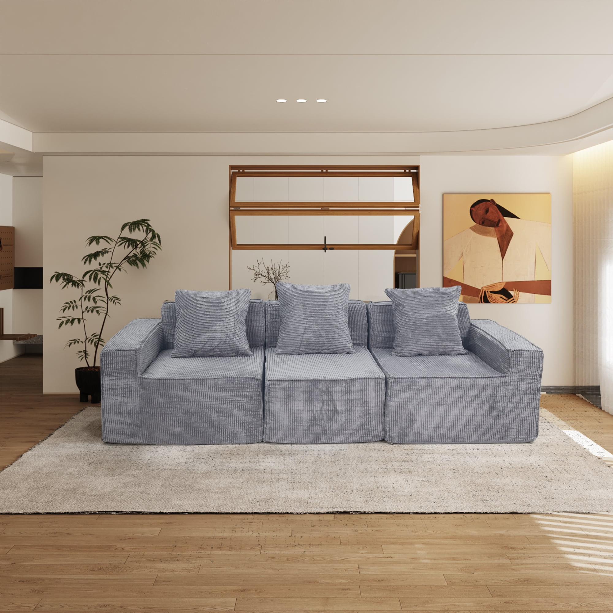 Leumius 82" 3 Seater Modular Cloud Sofa,Corduroy Upholstered Boneless Couch with Pillow Back Support Armrest,Fluffy Cloud Couches for Living Room Bedroom,No Assembly Required,Light Gray
