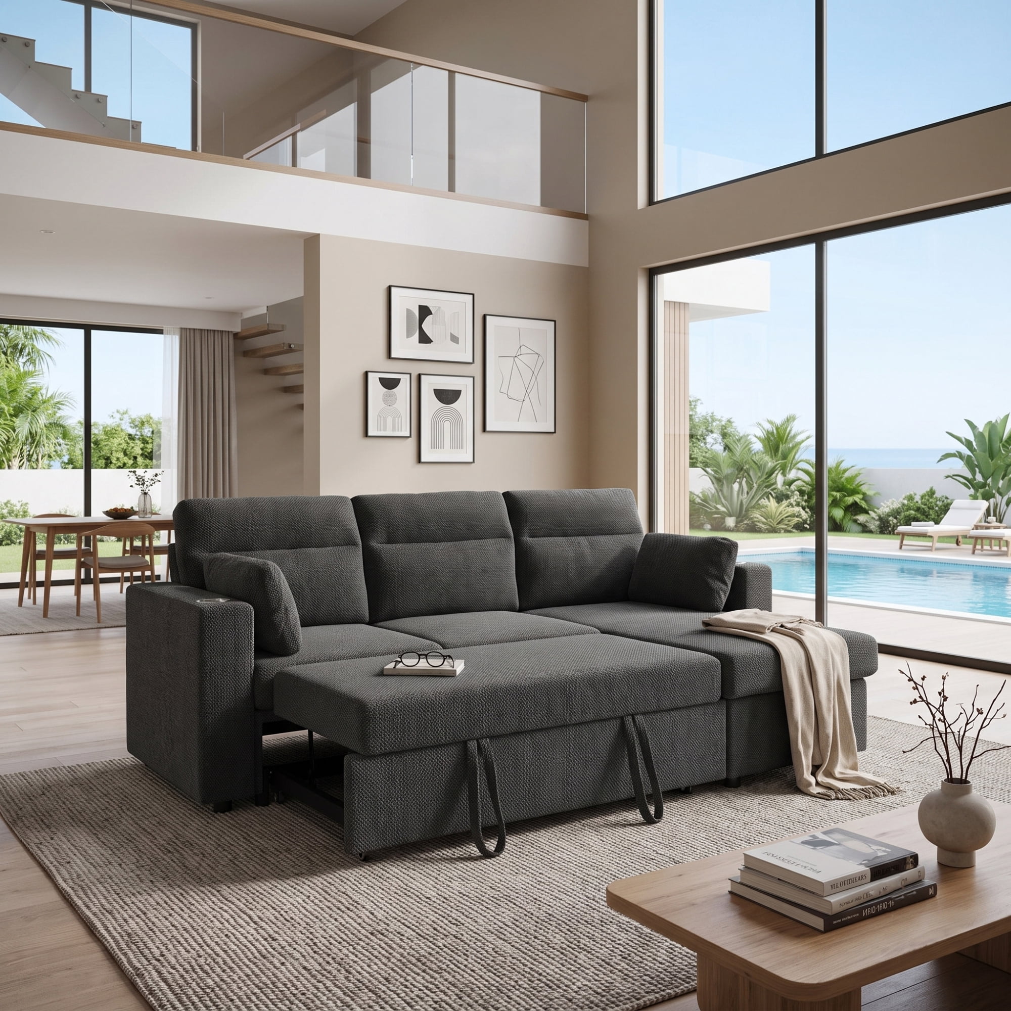Leumius 82.5" Sectional Sofa with Pull-Out Bed,L-Shaped Sofa with Storage Chaise, Cup Holders and 2 Pillows,Dark Gray