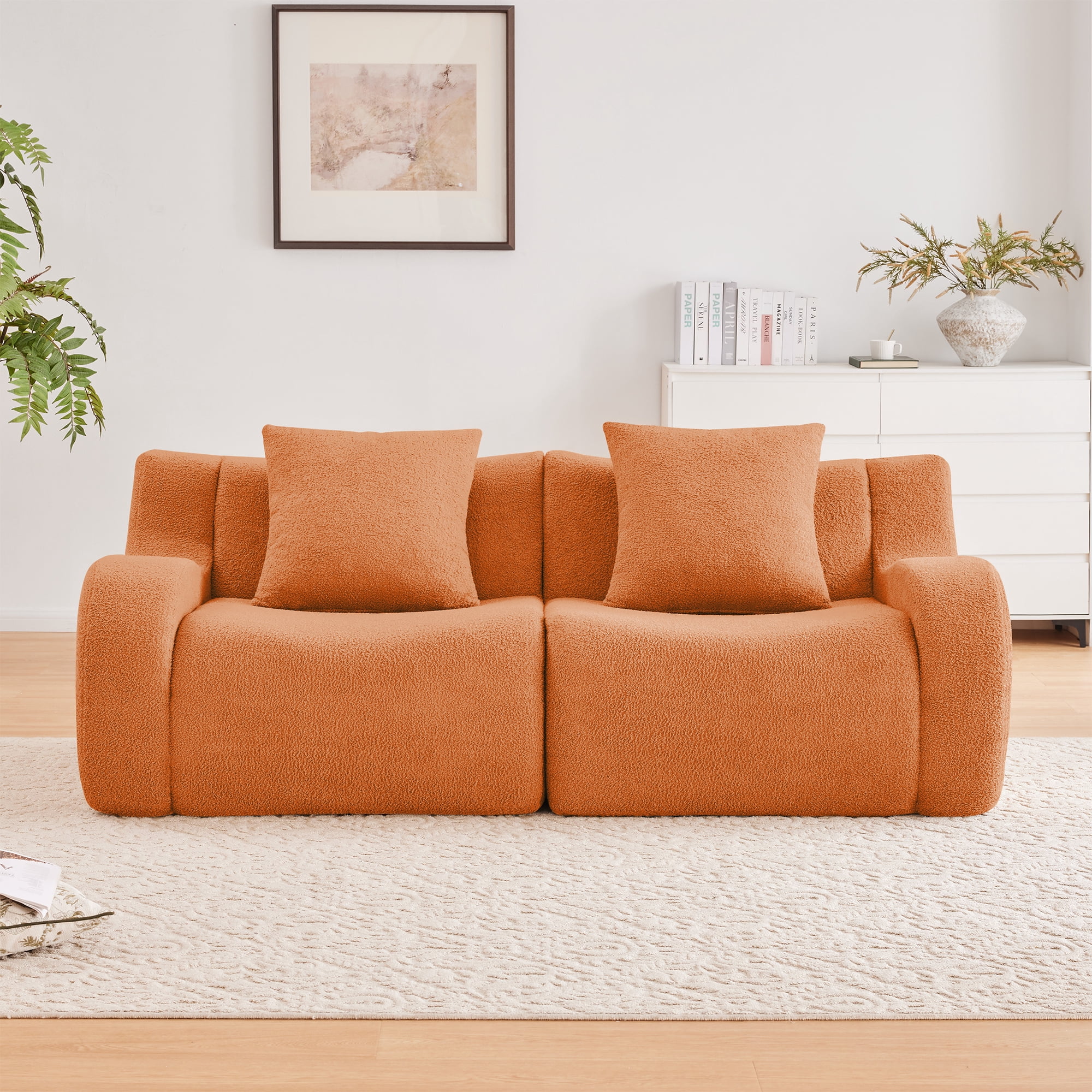 Leumius 82.7" Boneless Sofa,Cloud Modular Sectional Sofa with Deep Seat,Comfy Fluffy Teddy Fabric Couch for Living Room,Apartment, Bedroom,No Assembly Required,Orange