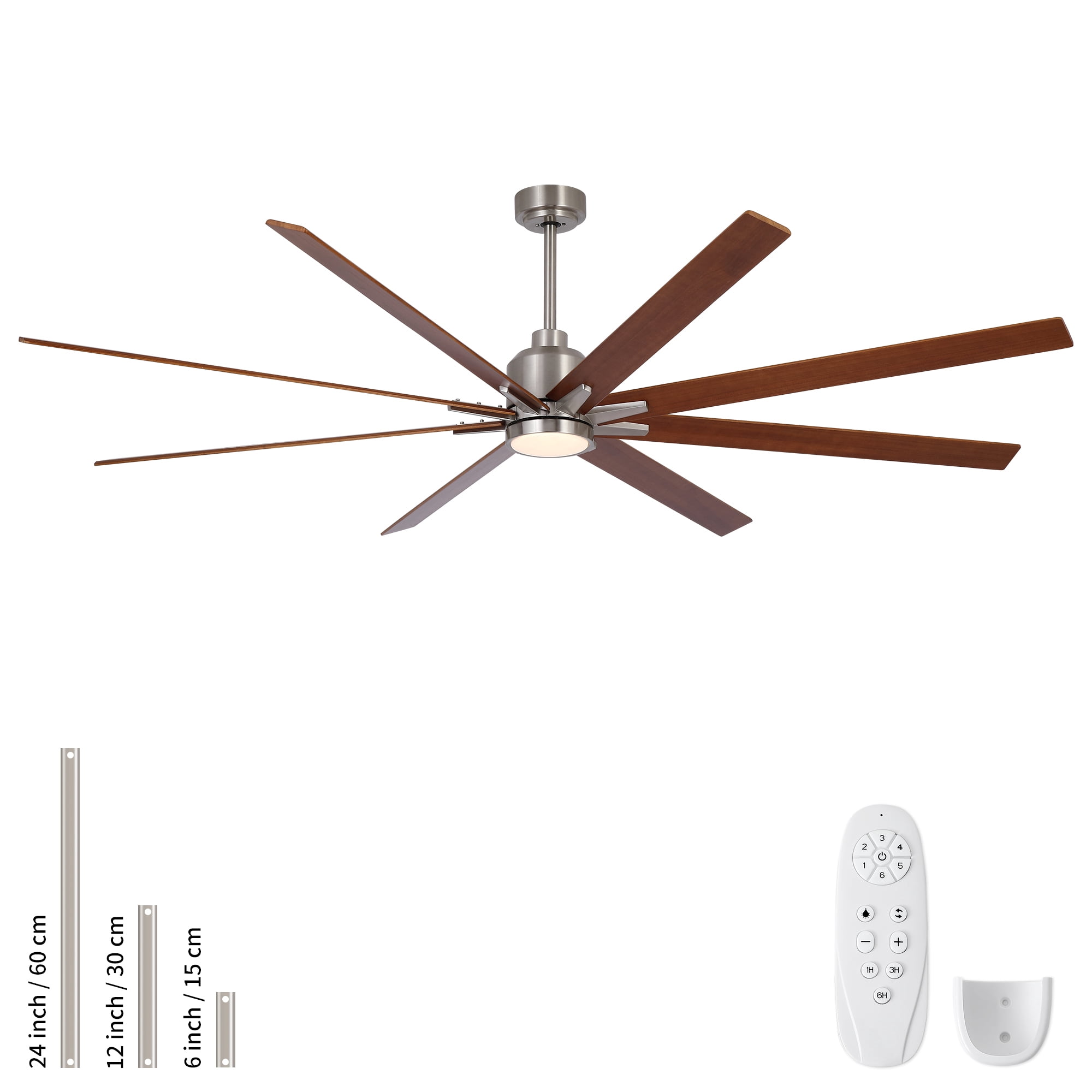 Leumius 84" Oversized Large Brushed Nickel Black Walnut Solid Wood Ceiling Fan with Dimmable Led Light 8 Black Walnut Solid Wood Blades Remote Control Reversible DC Motor for Living Room Warehouse