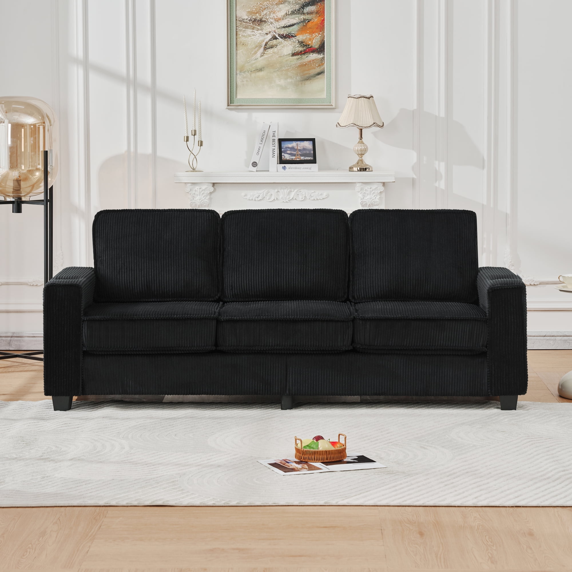 Leumius 84'' Sofa Couch with Cupholders,3 Seater Sofa Couch with Armrests,Comfy Couches for Living Room, Bedroom, Apartment and Office,Black