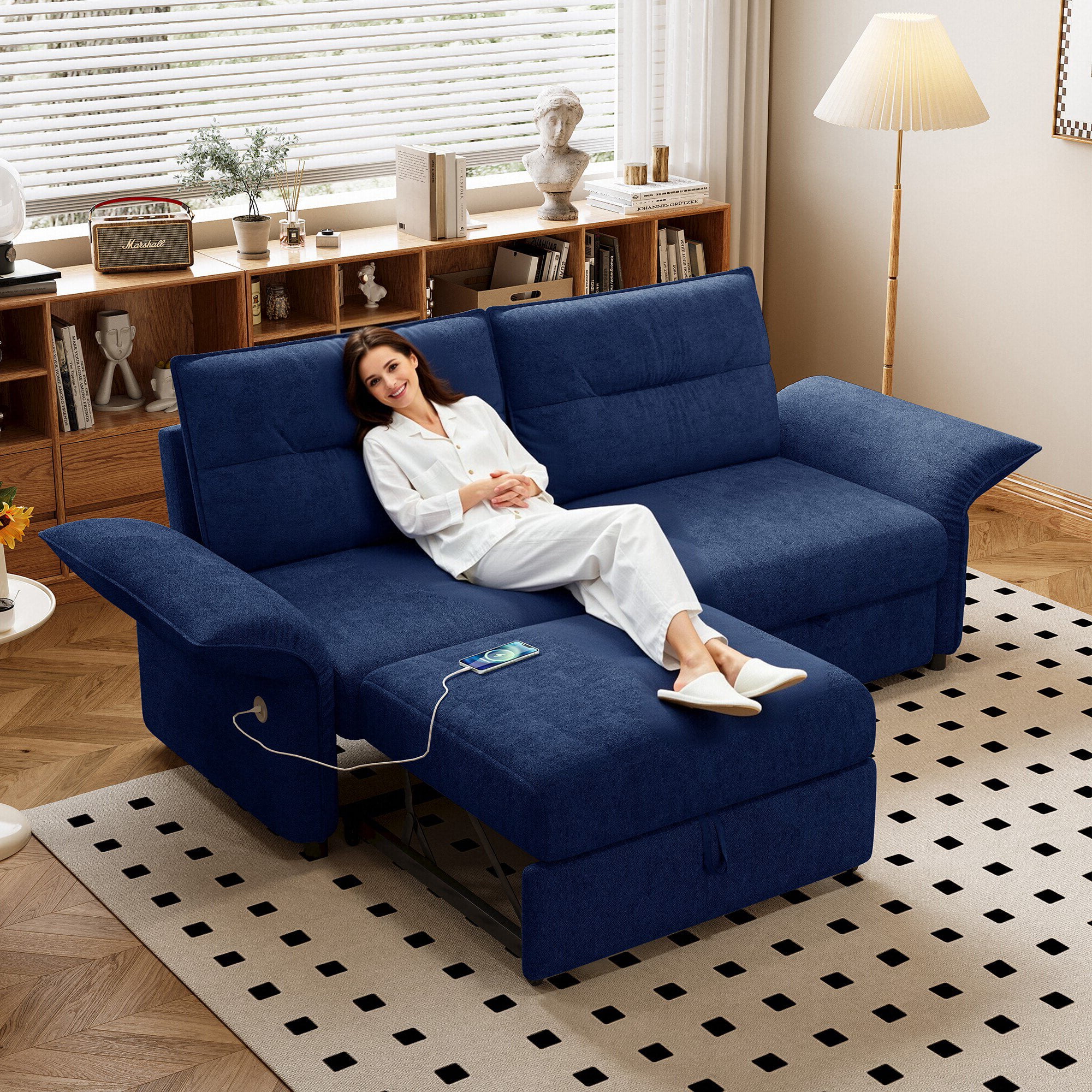 Leumius 85" Convertible Sofa Bed with Wood Frame,2-in-1 Upholstered Sleeper Sofa Bed with Pull Out Bed for Living Room,Apartment,600 lbs Capacity,Blue