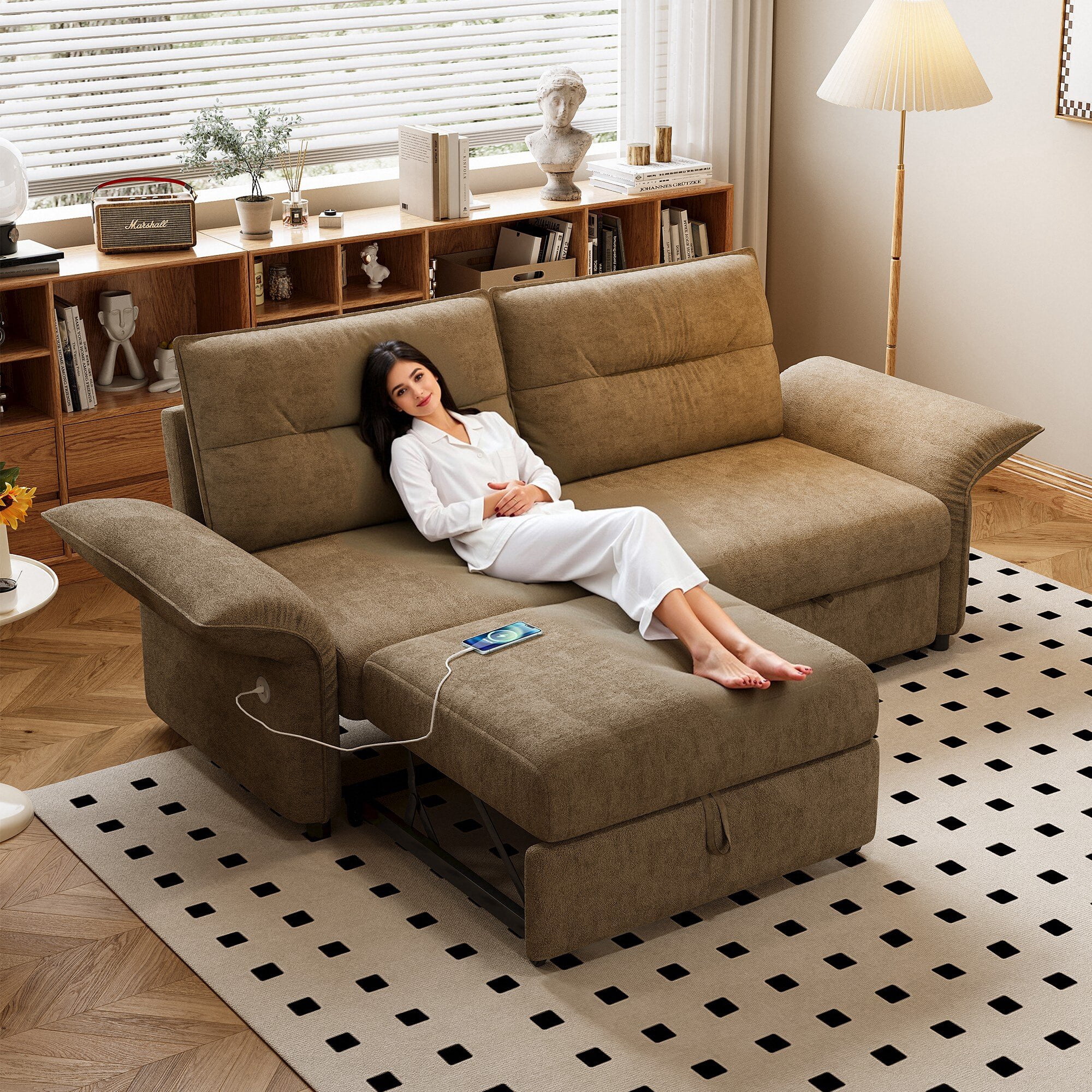 Leumius 85" Convertible Sofa Bed with Wood Frame,2-in-1 Upholstered Sleeper Sofa Bed with Pull Out Bed for Living Room,Apartment,600 lbs Capacity,Camel