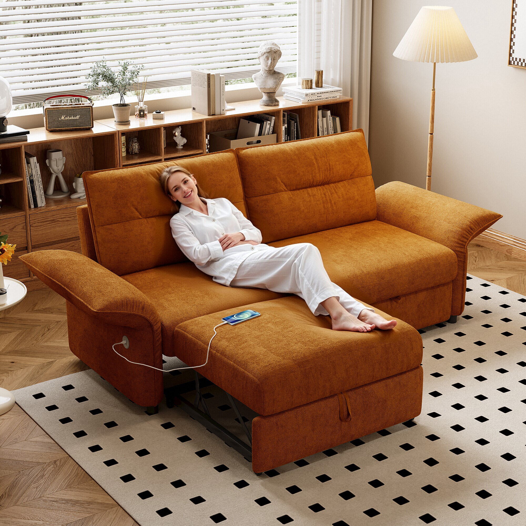 Leumius 85" Convertible Sofa Bed with Wood Frame,2-in-1 Upholstered Sleeper Sofa Bed with Pull Out Bed for Living Room,Apartment,600 lbs Capacity,Orange