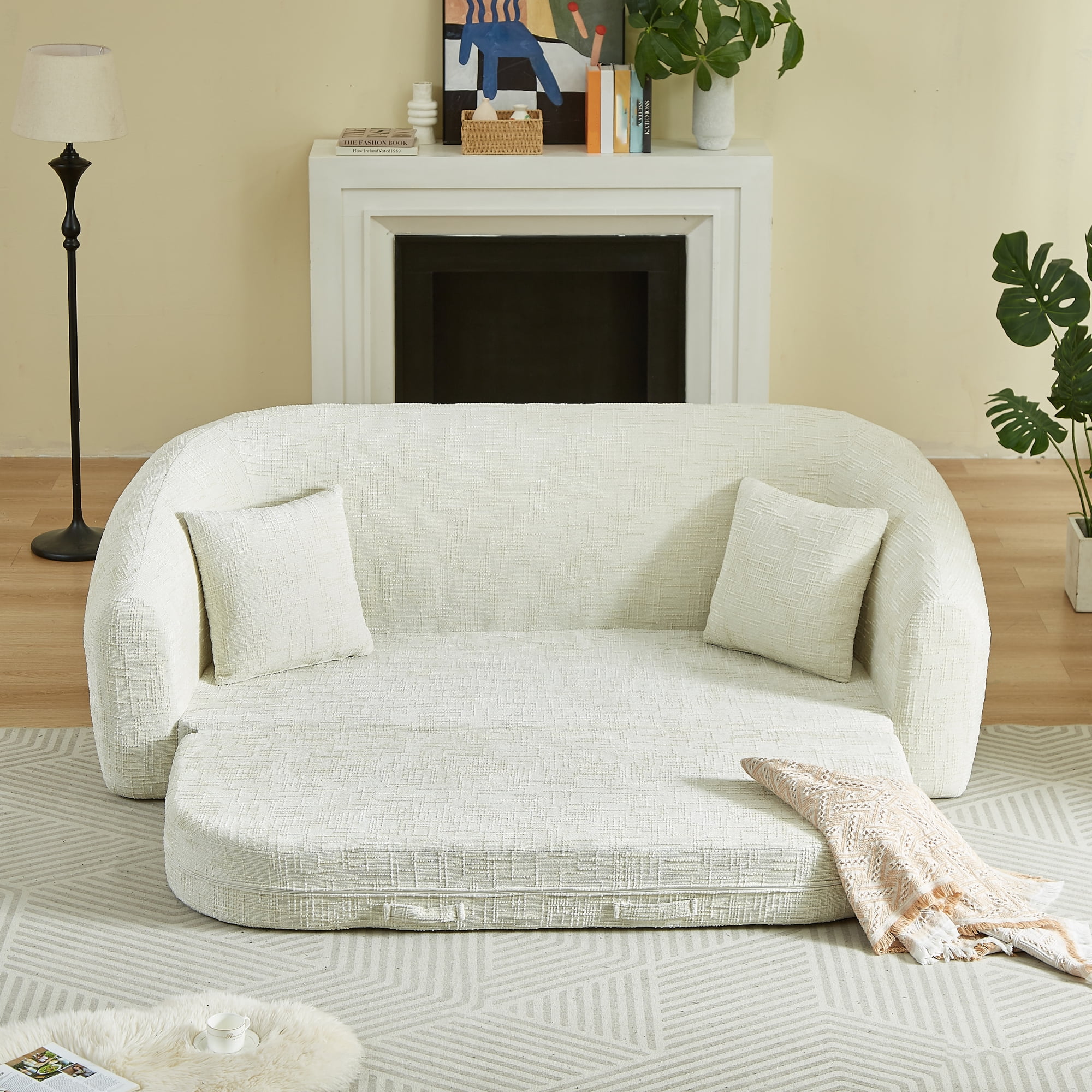 Leumius 87" Convertible Futon Sofa Bed, Corduroy Curved Boneless Couch with High Backrest, 2-in-1 Fold-Out Sleeper Sofa with Pull-out Couch Bed,Beige-Square Pillow