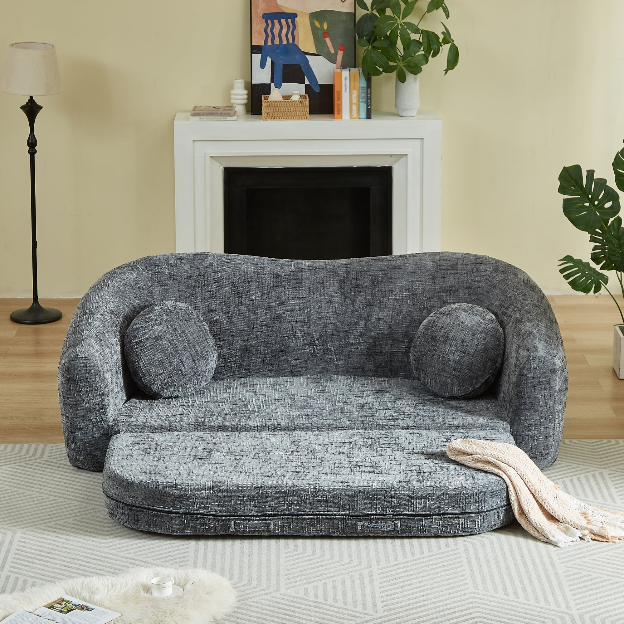 Leumius 87" Convertible Futon Sofa Bed, Corduroy Curved Boneless Couch with High Backrest, 2-in-1 Fold-Out Sleeper Sofa with Pull-out Couch Bed,Gray-Round Pillow