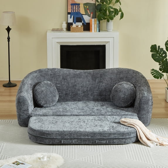 Leumius 87" Convertible Futon Sofa Bed, Corduroy Curved Boneless Couch with High Backrest, 2-in-1 Fold-Out Sleeper Sofa with Pull-out Couch Bed,Gray-Round Pillow