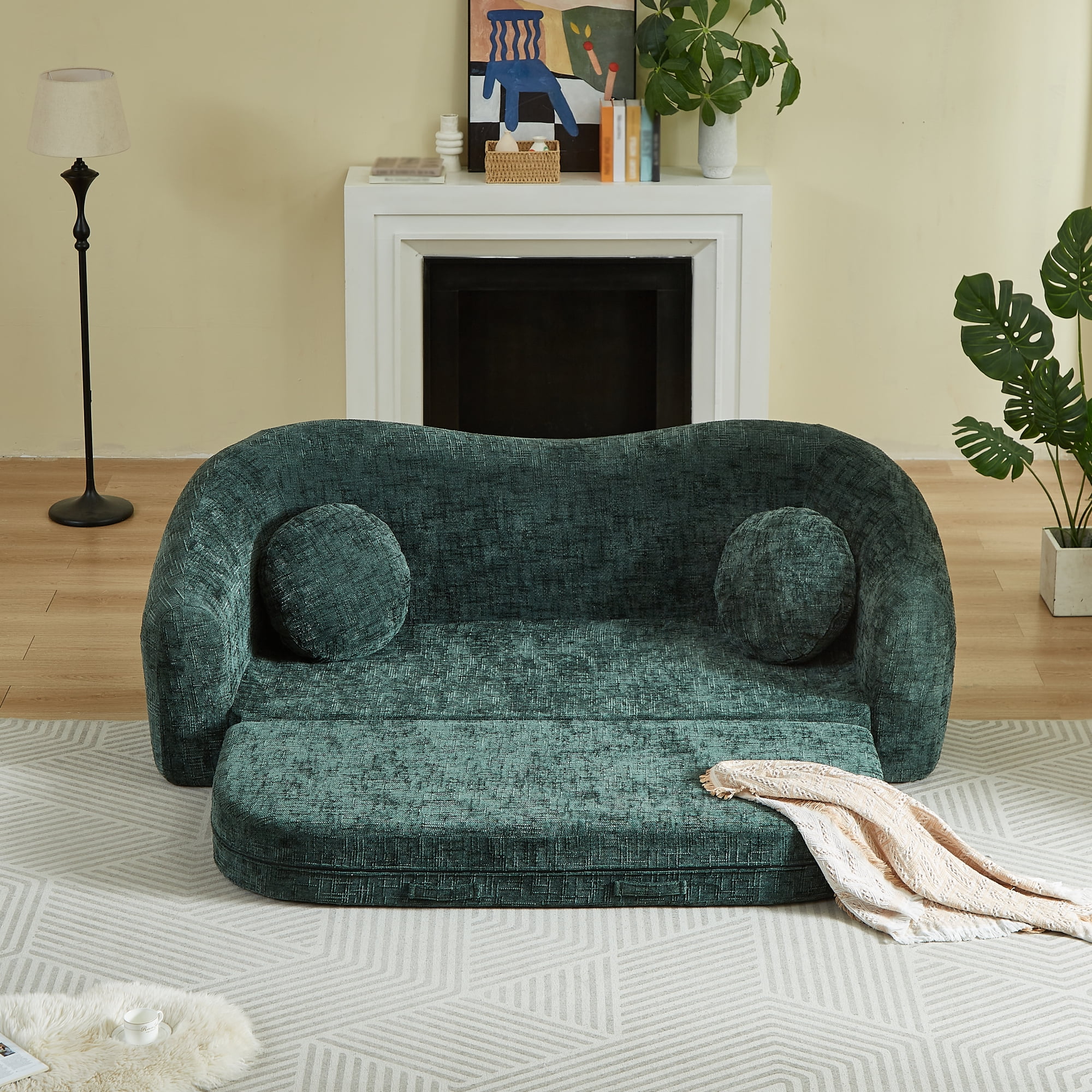 Leumius 87" Convertible Futon Sofa Bed, Corduroy Curved Boneless Couch with High Backrest, 2-in-1 Fold-Out Sleeper Sofa with Pull-out Couch Bed,Green-Round Pillow