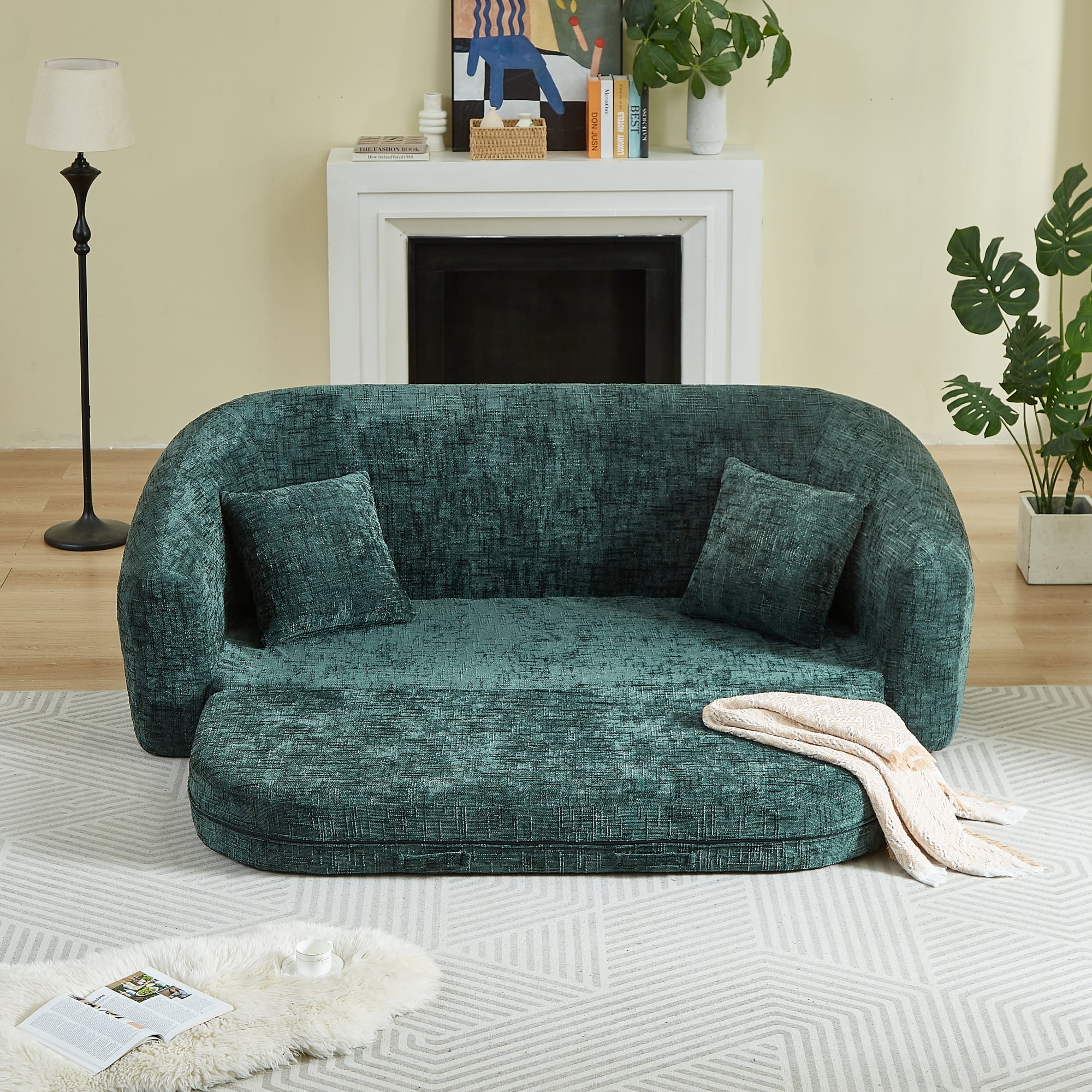 Leumius 87" Convertible Futon Sofa Bed, Corduroy Curved Boneless Couch with High Backrest, 2-in-1 Fold-Out Sleeper Sofa with Pull-out Couch Bed,Green-Square Pillow