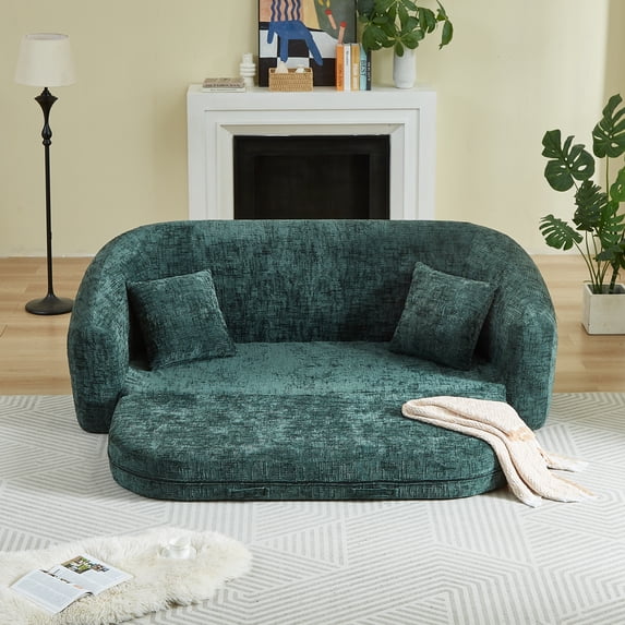 Leumius 87" Convertible Futon Sofa Bed, Corduroy Curved Boneless Couch with High Backrest, 2-in-1 Fold-Out Sleeper Sofa with Pull-out Couch Bed,Green-Square Pillow