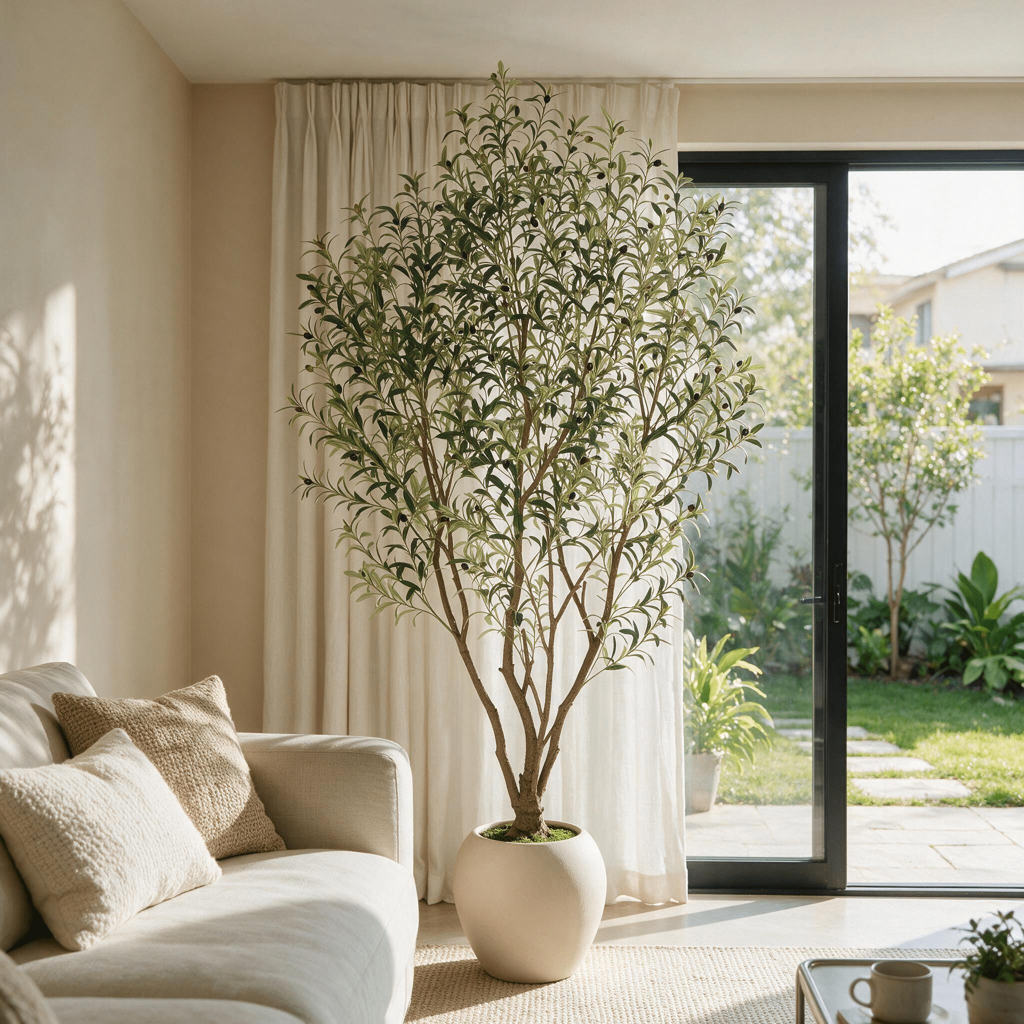 Leumius 8FT Artificial Olive Tree with Large Decorative White Planter, Tall Faux Olive Tree for Indoor & Covered Outdoor Use