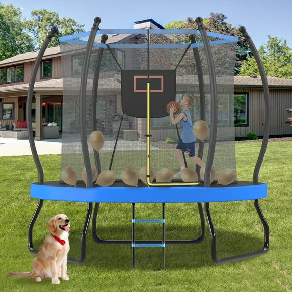 Leumius 8FT Trampoline for Kids,Outdoor Round Trampoline with Safety Enclosure Net and Basketball Hoop,Easy Assembly,Blue