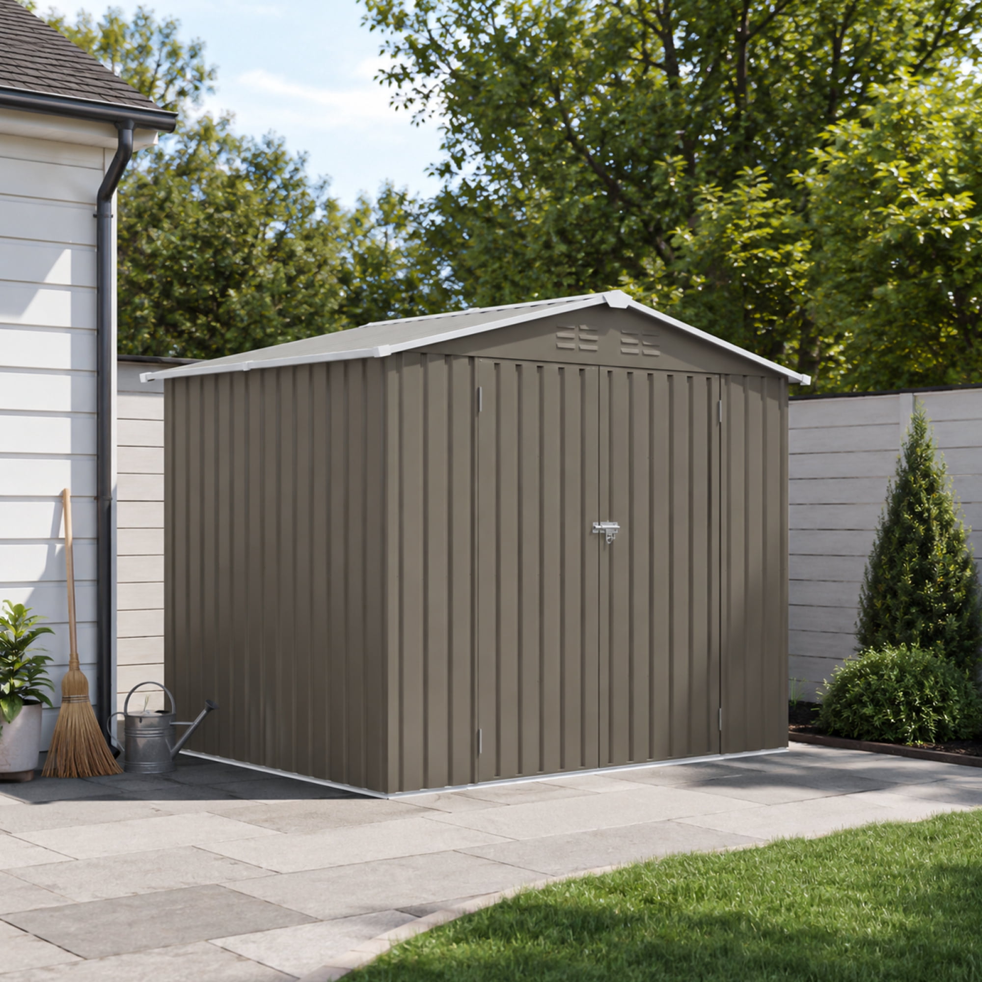 Leumius 8x6 FT Outdoor Metal Storage Shed, Galvanized Steel Panel Tool House with Lockable Double Door & Built-in Vents for Backyard, Patio, Lawn Olive Grey