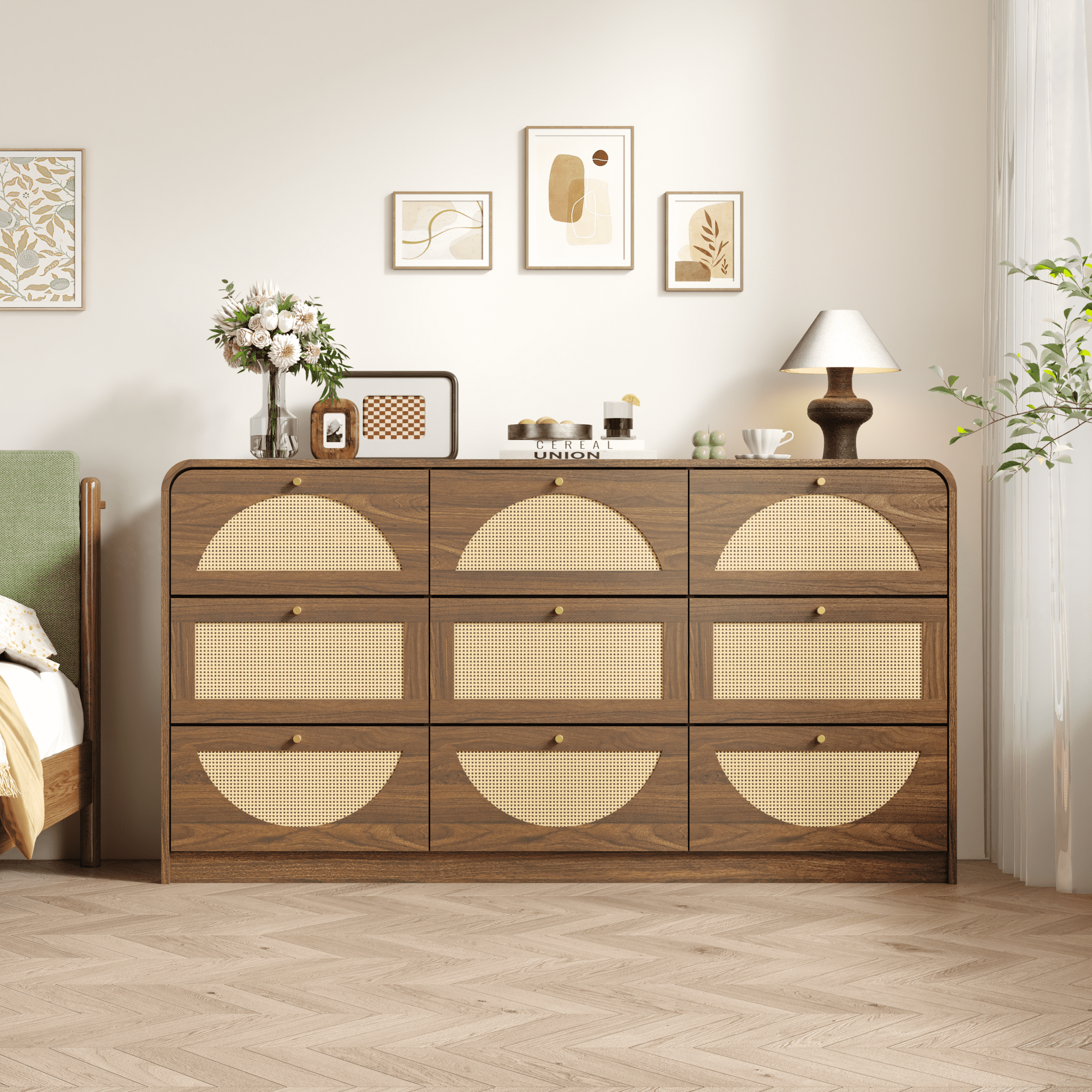 Leumius 9‑Drawer Dresser with Rattan Front, Wide Particle Board Chest of Drawers, Modern Wooden Storage Cabinet for Bedroom Living Room Walnut