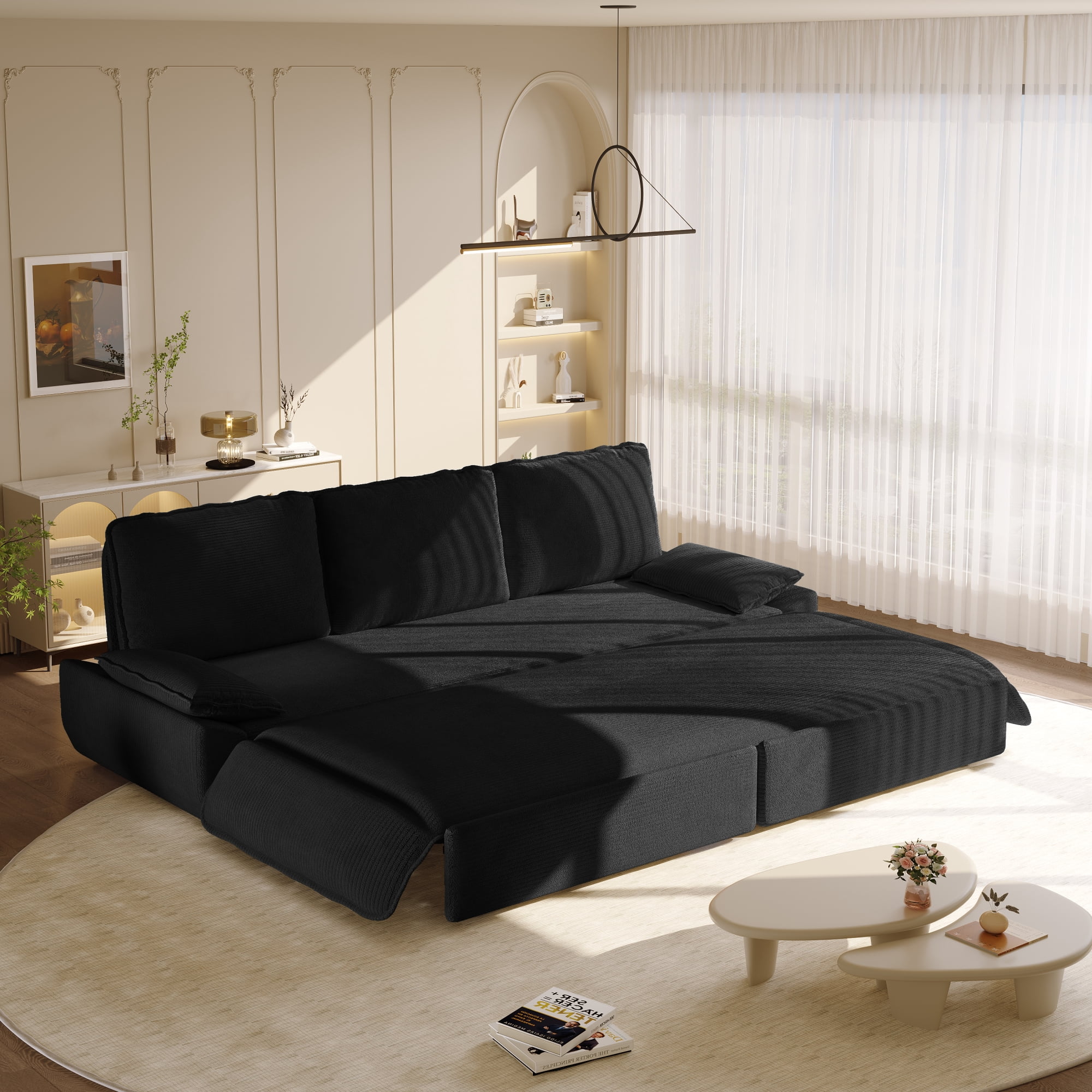 Leumius 94.5" Pull Out Sofa, King Size 3-in-1 Convertible Sleeper Sofa Bed, Multi-Functional Corduroy Bed for Living Room Bedroom Black