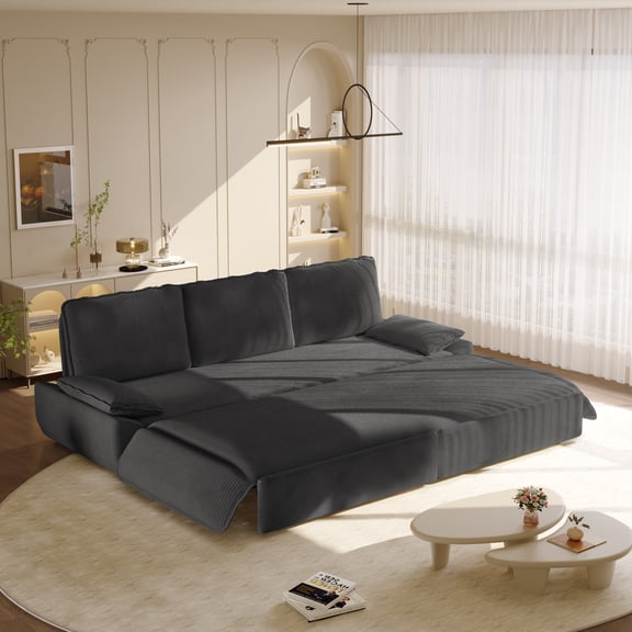 Leumius 94.5" Pull Out Sofa, King Size 3-in-1 Convertible Sleeper Sofa Bed, Multi-Functional Corduroy Bed for Living Room Bedroom Grey