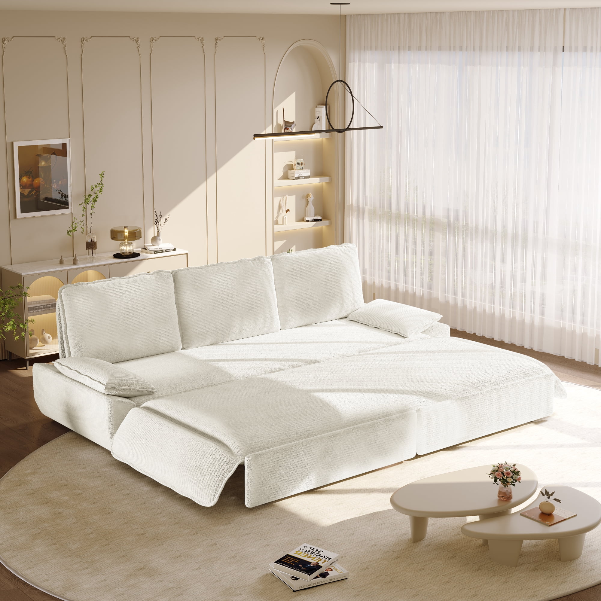 Leumius 94.5" Pull Out Sofa, King Size 3-in-1 Convertible Sleeper Sofa Bed, Multi-Functional Corduroy Bed for Living Room Bedroom White