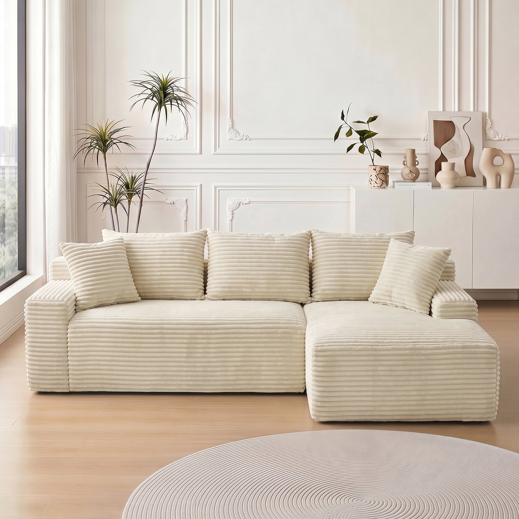 Leumius 95" Boneless Modular Sectional Sofa with Chaise,L-Shaped Comfy Corduroy Couch with Deep Seat,Upholstered Sectional Couch for Living Room, No Assembly,Beige