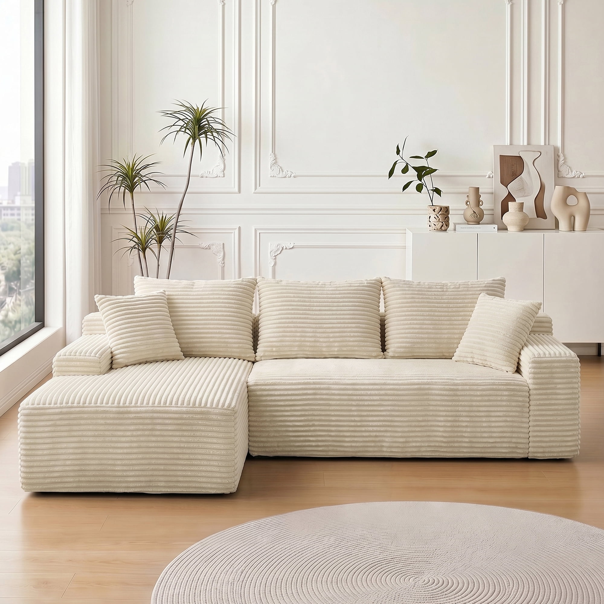 Leumius 95" Boneless Modular Sectional Sofa with Chaise,L-Shaped Comfy Corduroy Couch with Deep Seat,Upholstered Sectional Couch for Living Room, No Assembly,Beige