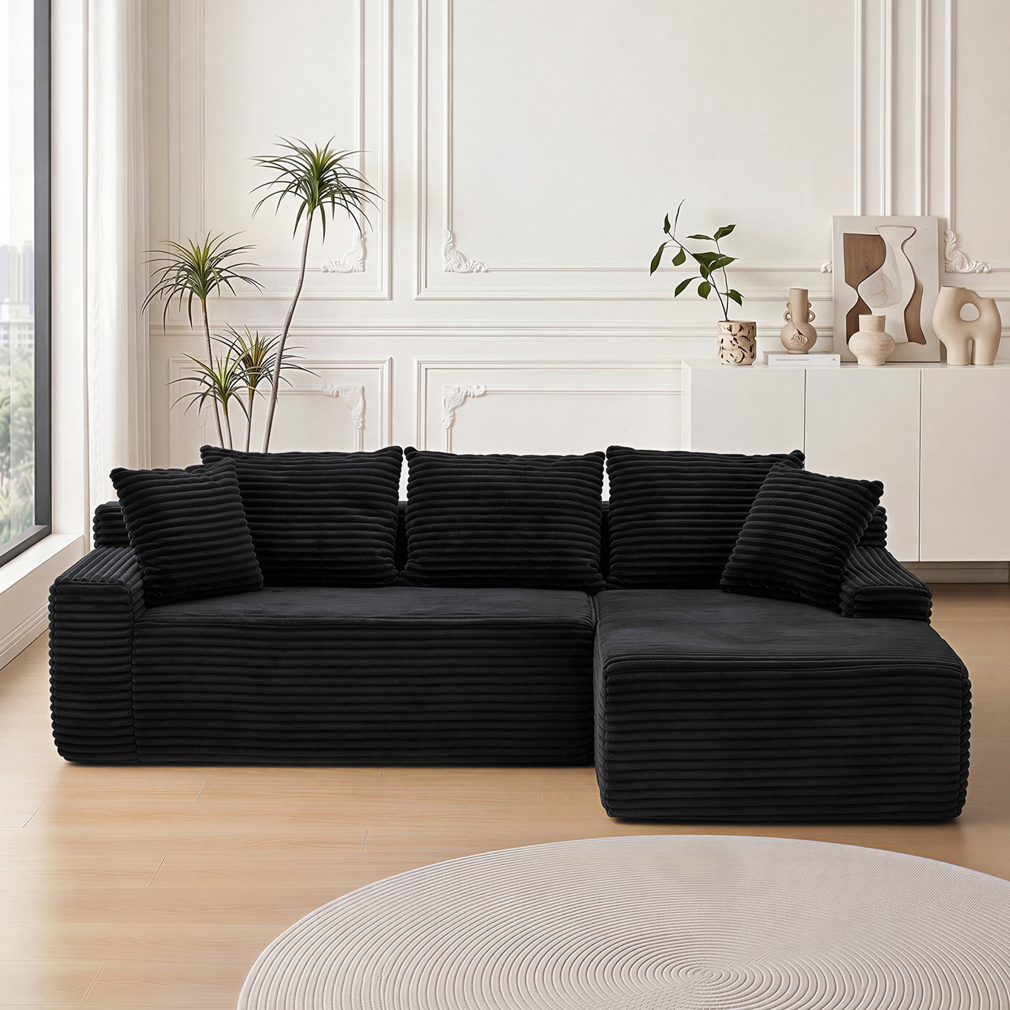 Leumius 95" Boneless Modular Sectional Sofa with Chaise,L-Shaped Comfy Corduroy Couch with Deep Seat,Upholstered Sectional Couch for Living Room, No Assembly,Black