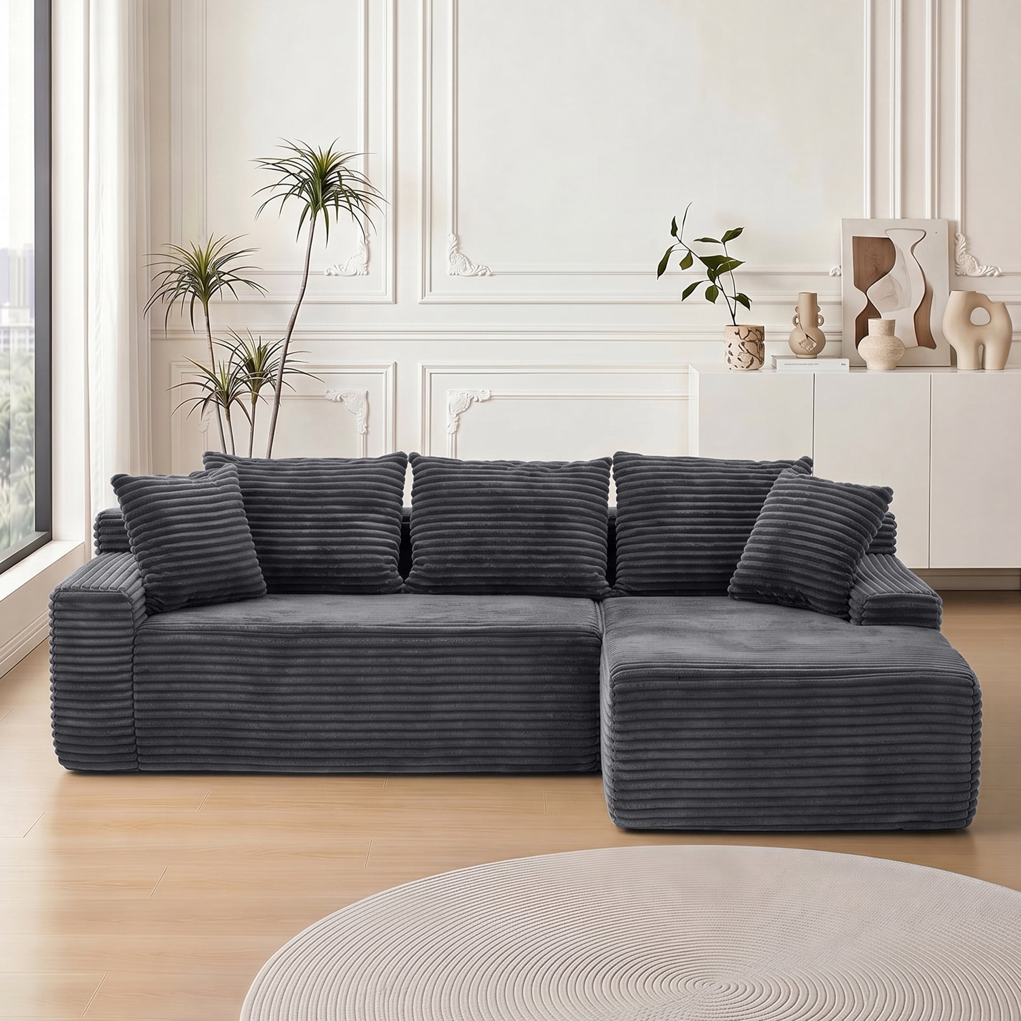 Leumius 95" Boneless Modular Sectional Sofa with Chaise,L-Shaped Comfy Corduroy Couch with Deep Seat,Upholstered Sectional Couch for Living Room, No Assembly,Gray