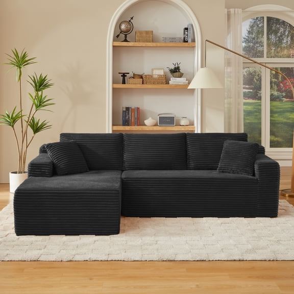 Leumius 96.9" L-Shaped Modular Sectional Sofa with Chaise,Cloud Sectional Couch with Deep Seat and Side Pockets,Comfy Corduroy Upholstered Boneless Couches for Living Room,No Assembly,Black