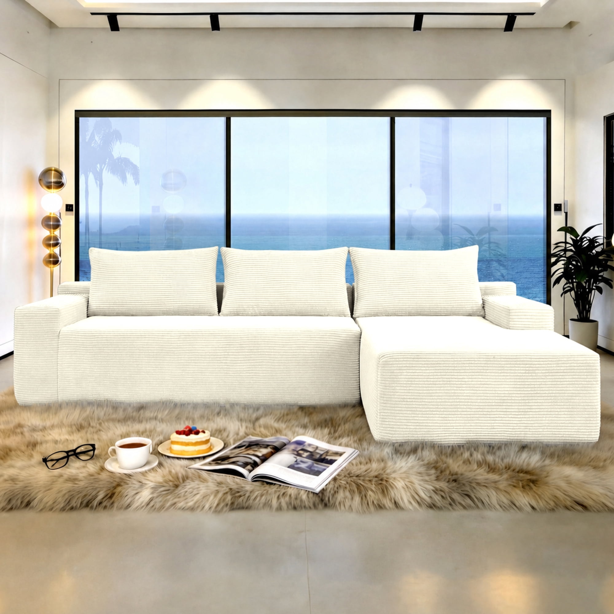 Leumius 96.9" L-Shaped Modular Sectional Sofa with Chaise,Cloud Sectional Couch with Deep Seat and Side Pockets,Comfy Corduroy Upholstered Boneless Couches for Living Room,No Assembly,White