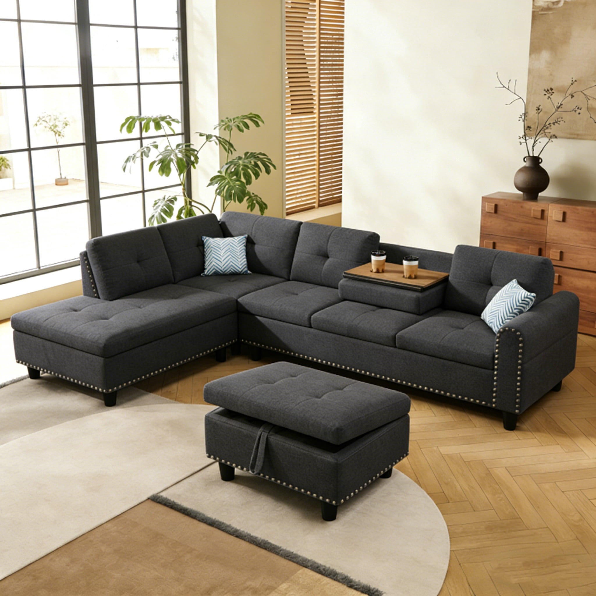 Leumius 98" L Shaped Sectional Couch,Modern Oversized Modular Sofa Couch with Storage Ottoman & Deep Seat,Sectional Couches for Living Room,Office,Dark Gray