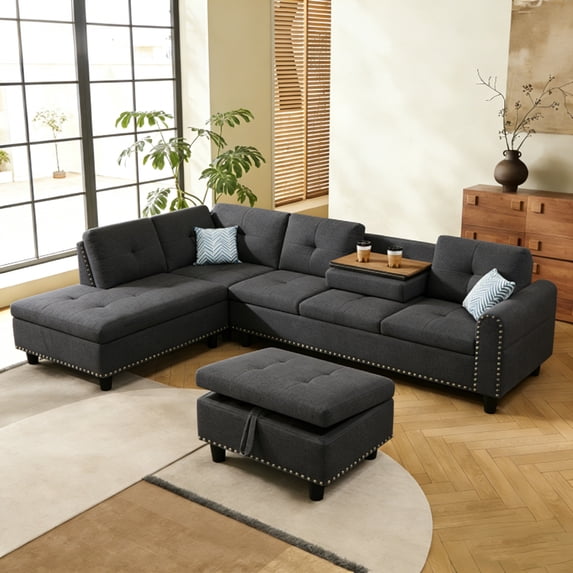 Leumius 98" L Shaped Sectional Couch,Modern Oversized Modular Sofa Couch with Storage Ottoman & Deep Seat,Sectional Couches for Living Room,Office,Dark Gray
