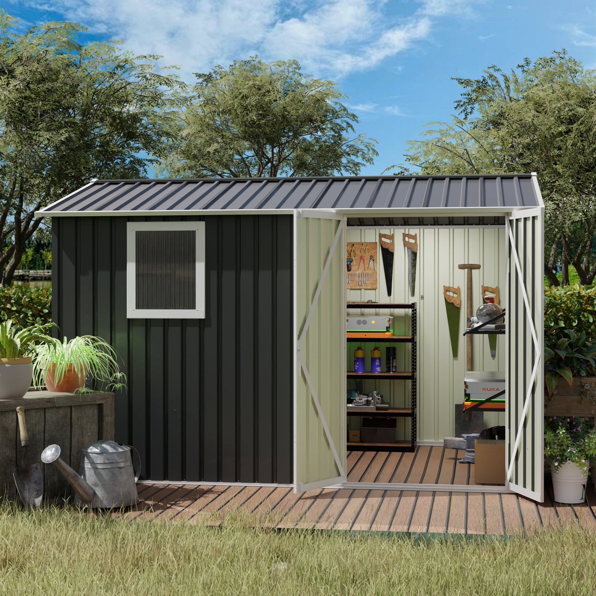 Leumius 9x6 FT Metal Garden Storage Shed for Patio Backyard Tools House Storage Shed with One Window