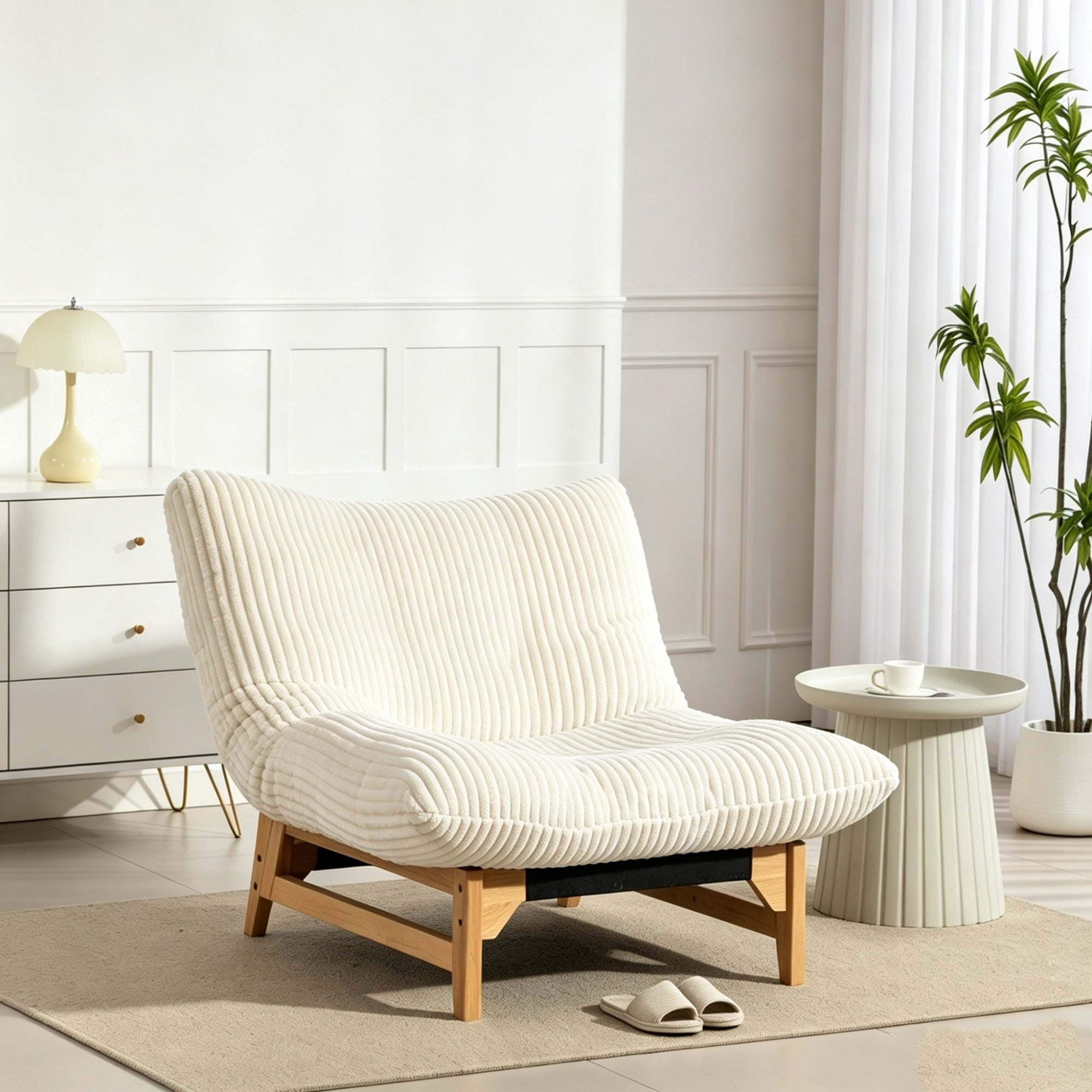 Leumius Accent Armless Chair Lazy Sofa Chair with Solid Wood Frame & Backrest,Corduroy Casual Single Sofa Chair for Living Room,Bedroom,White