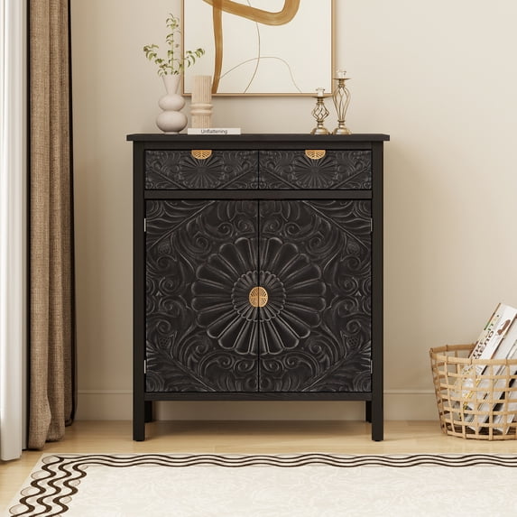 Leumius Accent Cabinet, Black Wooden Storage Cabinet with Drawer & Doors, Floral Embossed Sideboard with Gold Handles for Entryway Living Room