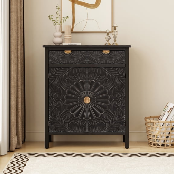Leumius Accent Cabinet, Black Wooden Storage Cabinet with Drawer & Doors, Floral Embossed Sideboard with Gold Handles for Entryway Living Room