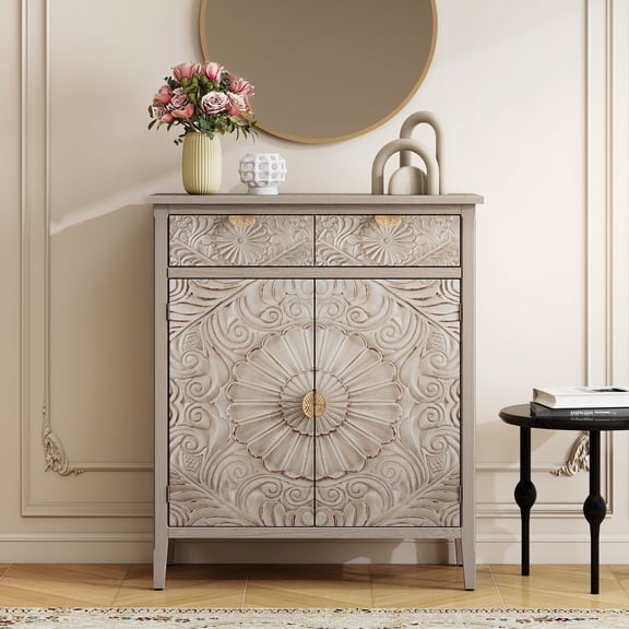Leumius Accent Cabinet, Wooden Storage Cabinet with Drawer & Doors, Floral Embossed Sideboard with Gold Handles for Entryway Living Room Natural