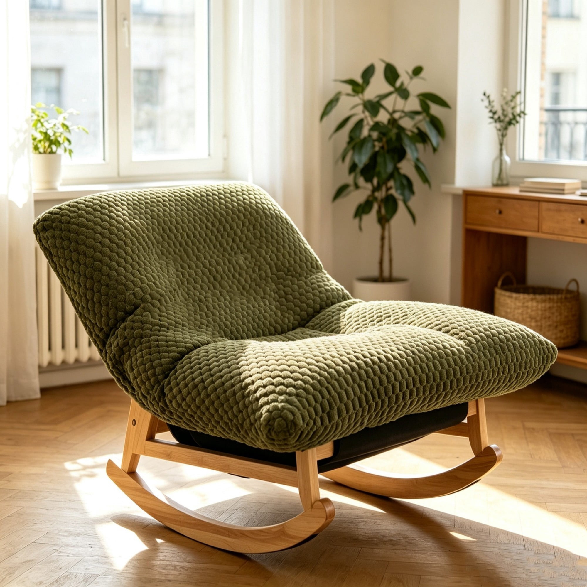 Leumius Accent Chair Rocking Chair with Solid Wood Frame，Corduroy Armless Lazy Sofa Chair,Casual Single Chair for Living Room & Bedroom,Green
