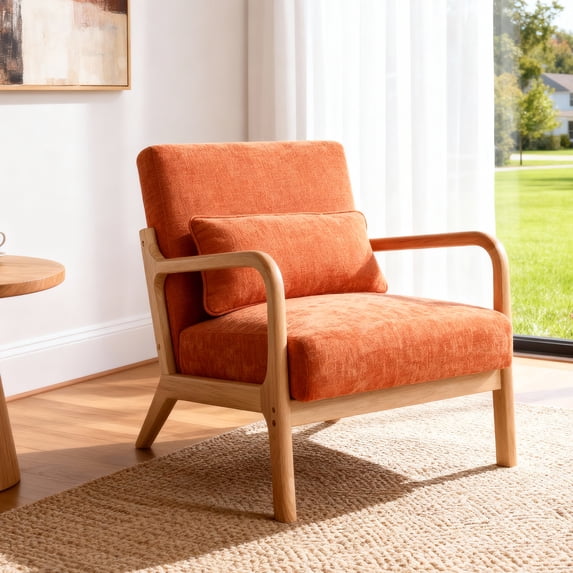 Leumius Accent Chair, Mid Century Modern Armchair with Solid Wood Frame and Detachable Lumbar Pillow for Living Room, Bedroom, Office Orange